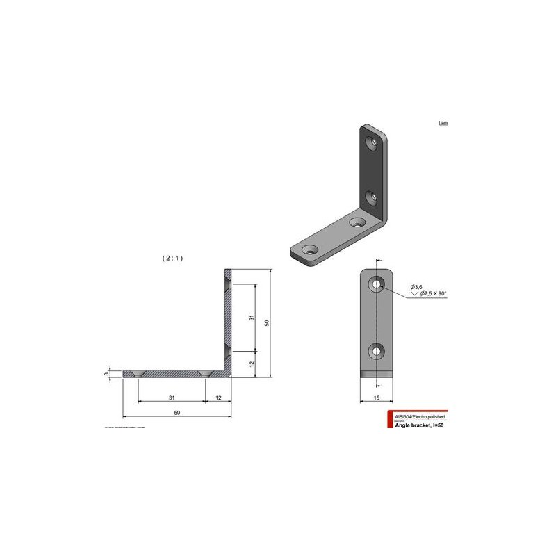 Roca vinkelbeslag 50x50x15mm skrue 3,6mm RF304