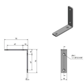 Roca vinkelbeslag 70x70x18mm skrue 4,1mm RF304