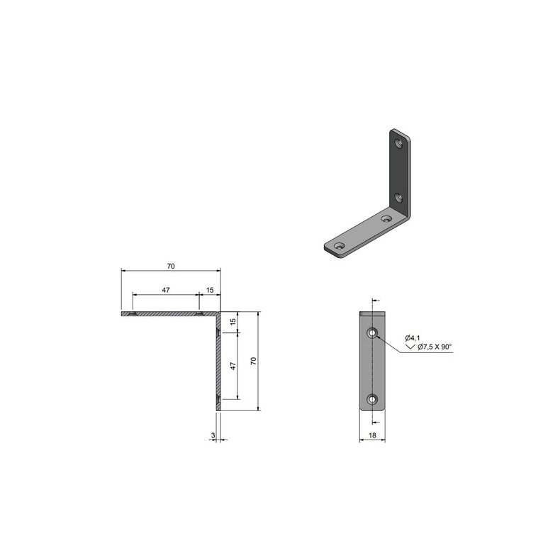 Roca vinkelbeslag 70x70x18mm skrue 4,1mm RF304