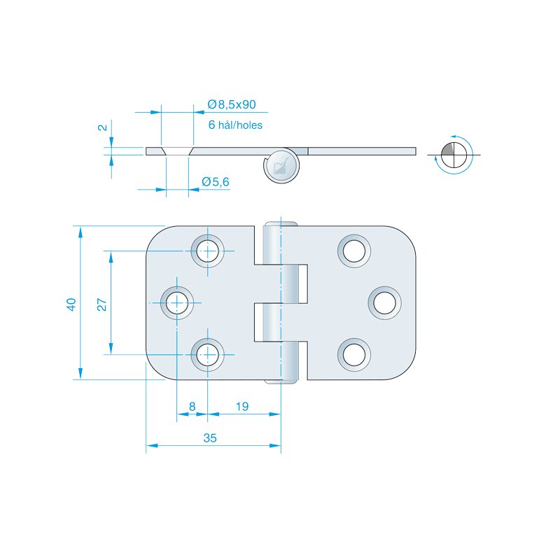 Roca hngsel RF 70x40mm, omvendt