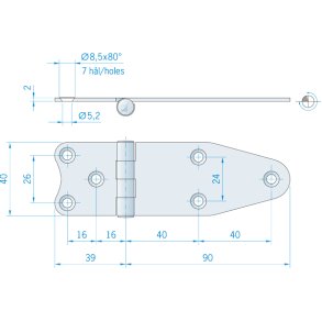 Roca hngsel RF 129x40mm, omvendt