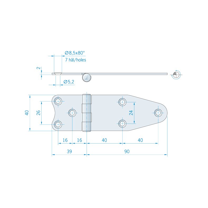 Roca hngsel RF 129x40mm, omvendt